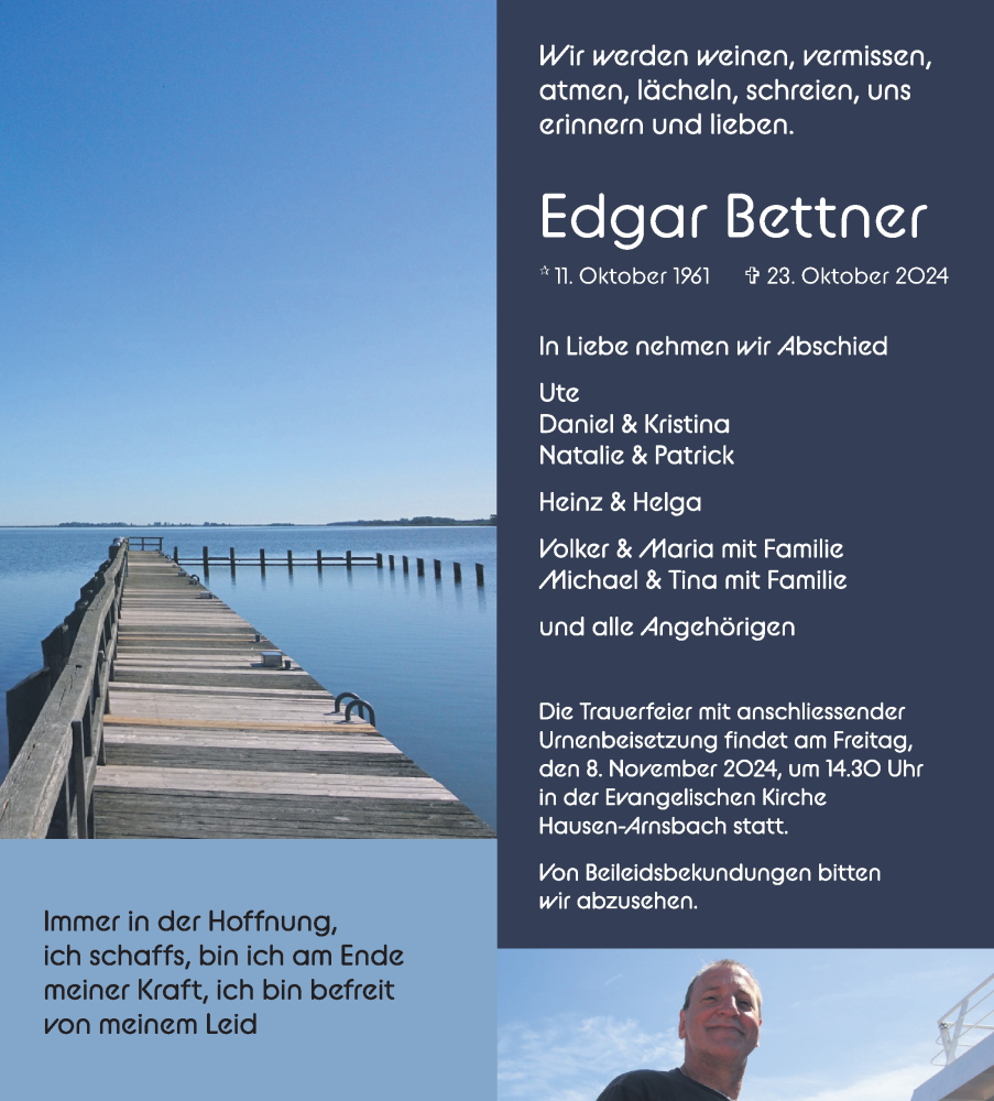  Traueranzeige für Edgar Bettner vom 02.11.2024 aus Usinger Anzeiger