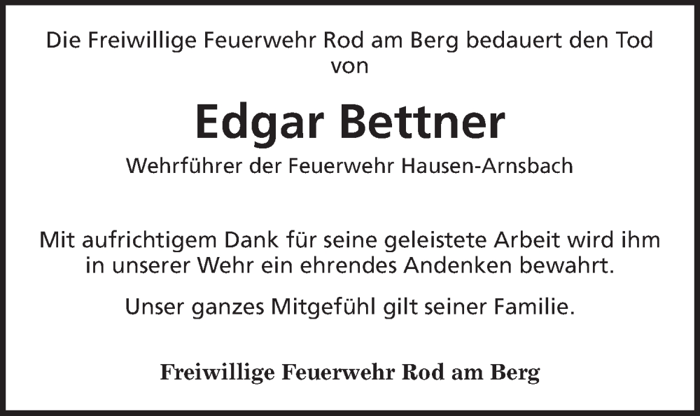  Traueranzeige für Edgar Bettner vom 02.11.2024 aus Usinger Anzeiger