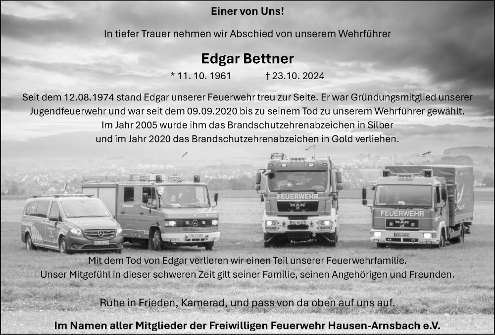  Traueranzeige für Edgar Bettner vom 02.11.2024 aus Usinger Anzeiger