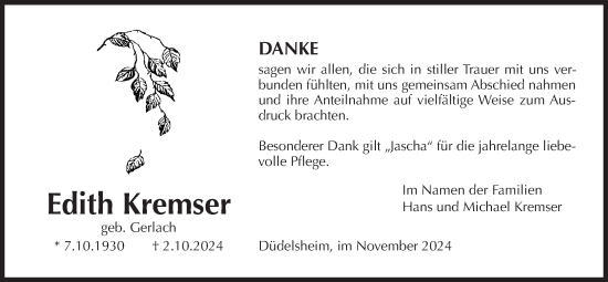 Traueranzeige von Edith Kremser von Kreis-Anzeiger