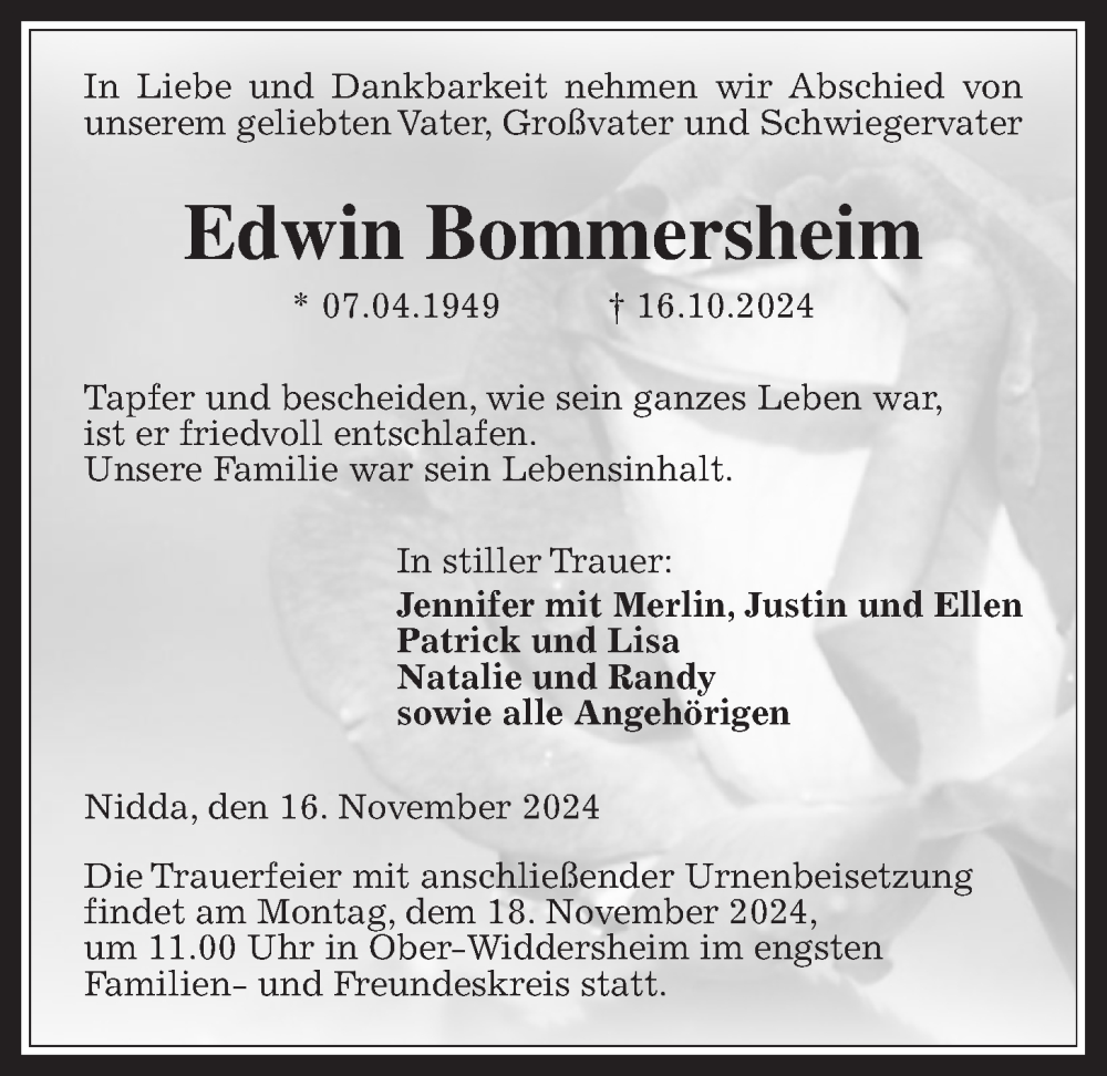  Traueranzeige für Edwin Bommersheim vom 16.11.2024 aus Kreis-Anzeiger