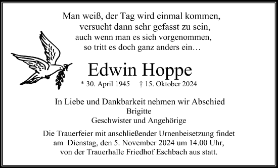 Traueranzeige von Edwin Hoppe von Usinger Anzeigenblatt