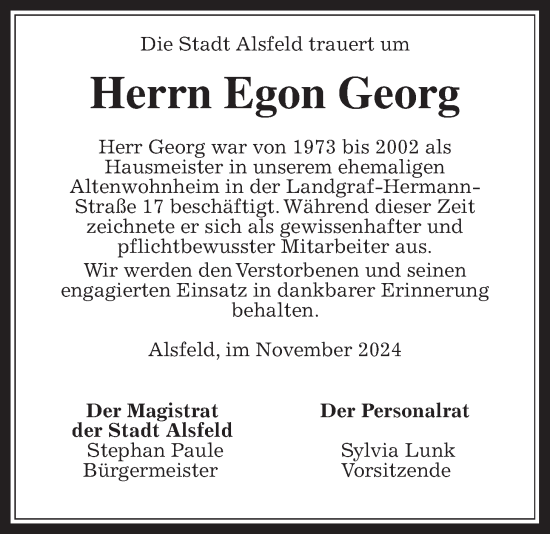 Traueranzeige von Egon Georg von Alsfelder Allgemeine, Oberhessische Zeitung