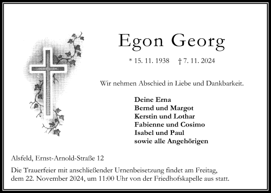 Traueranzeige von Egon Georg von Oberhessische Zeitung