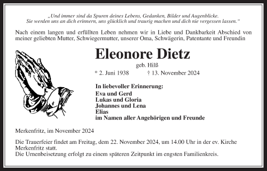 Traueranzeige von Eleonore Dietz von Kreis-Anzeiger