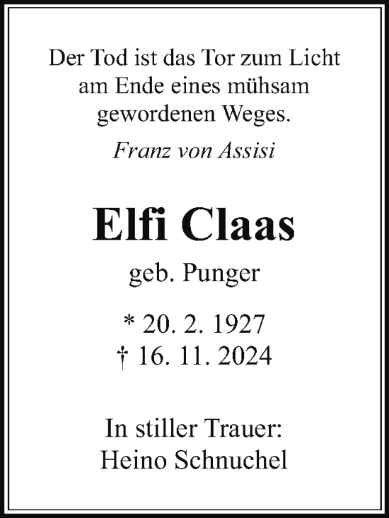 Traueranzeige von Elfi Claas von Wetterauer Zeitung