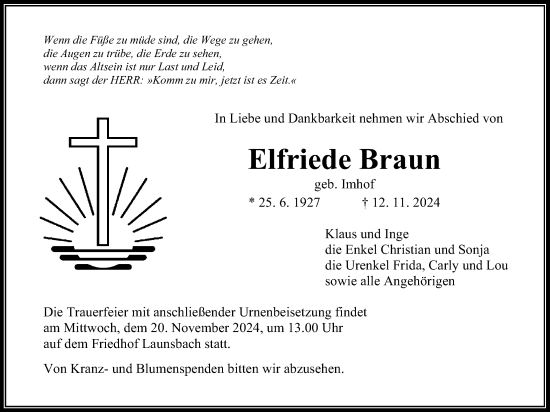 Traueranzeige von Elfriede Braun von Giessener Anzeiger, Giessener Allgemeine, Alsfelder Allgemeine