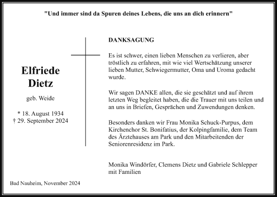 Traueranzeige von Elfriede Dietz von Wetterauer Zeitung