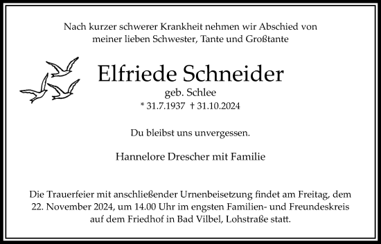 Traueranzeige von Elfriede Schneider von Bad Vilbel/Karben