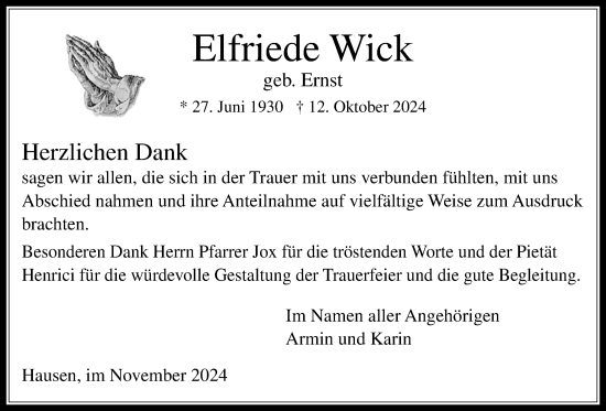 Traueranzeige von Elfriede Wick von Usinger Anzeigenblatt
