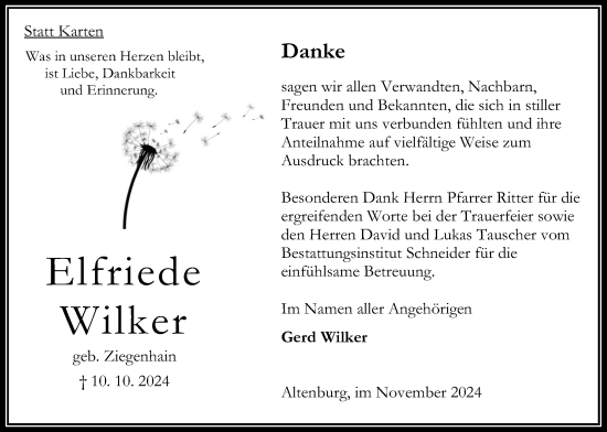 Traueranzeige von Elfriede Wilker von Oberhessische Zeitung