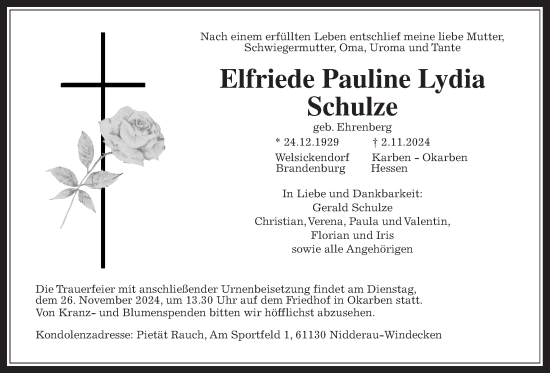 Traueranzeige von Elfriede Pauline Lydia Schulze von Bad Vilbel/Karben