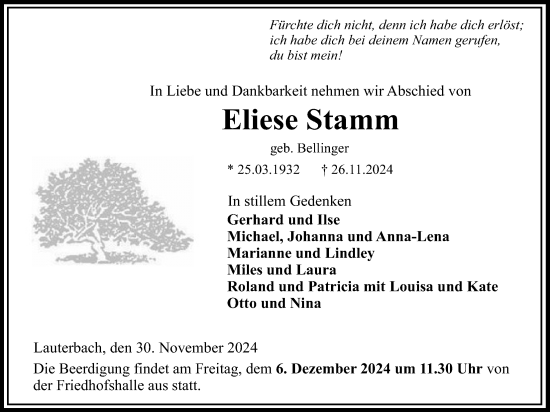 Traueranzeige von Eliese Stamm von Lauterbacher Anzeiger