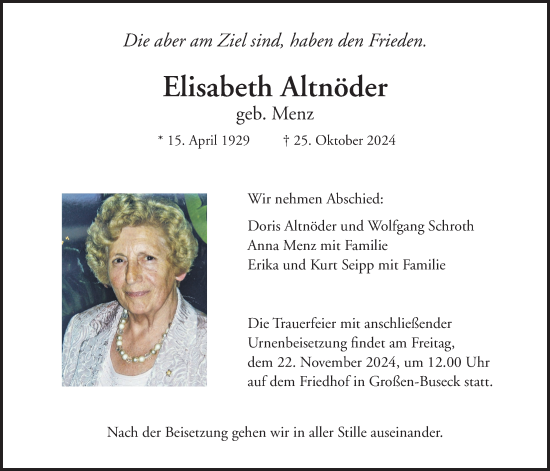 Traueranzeige von Elisabeth Altnöder von Giessener Anzeiger, Giessener Allgemeine, Alsfelder Allgemeine