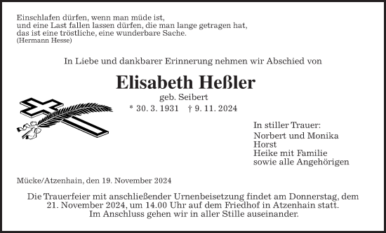 Traueranzeige von Elisabeth Heßler von Giessener Allgemeine, Alsfelder Allgemeine