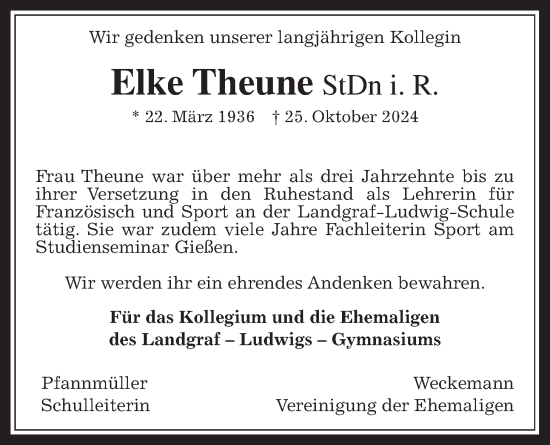 Traueranzeige von Elke Theune von Giessener Allgemeine, Alsfelder Allgemeine