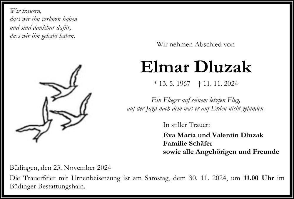  Traueranzeige für Elmar Dluzak vom 23.11.2024 aus Kreis-Anzeiger