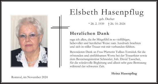 Traueranzeige von Elsbeth Hasenpflug von Oberhessische Zeitung