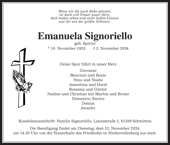 Traueranzeige von Emanuela Signoriello von Usinger Anzeiger