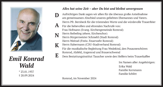 Traueranzeige von Emil Konrad Wald von Oberhessische Zeitung