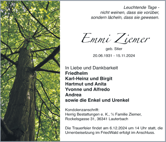 Traueranzeige von Emmi Ziemer von Lauterbacher Anzeiger