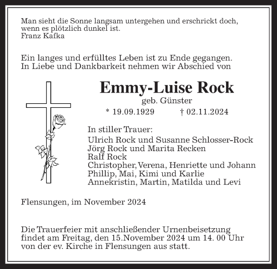 Traueranzeige von Emmy-Luise Rock von Giessener Allgemeine, Alsfelder Allgemeine, Mücker Stimme