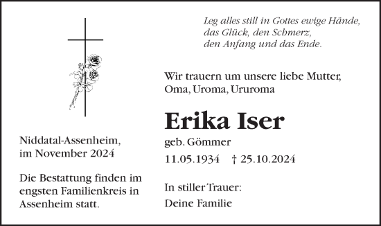 Traueranzeige von Erika Iser von Wetterauer Zeitung