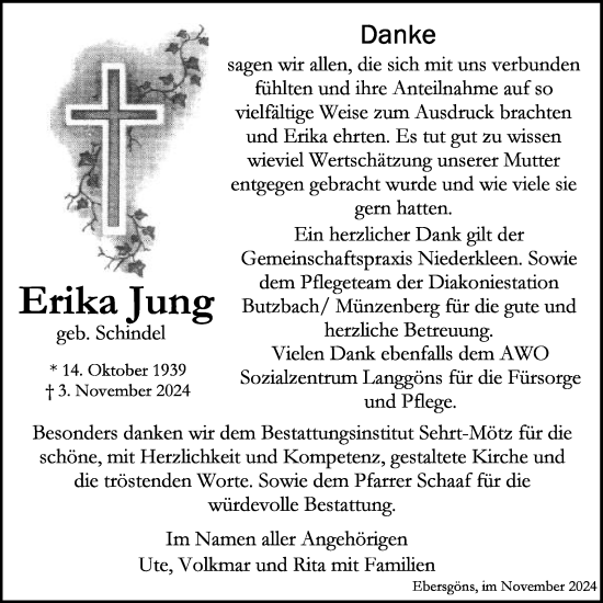 Traueranzeige von Erika Jung von Butzbacher Zeitung