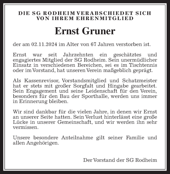 Traueranzeige von Ernst Gruner von Wetterauer Zeitung