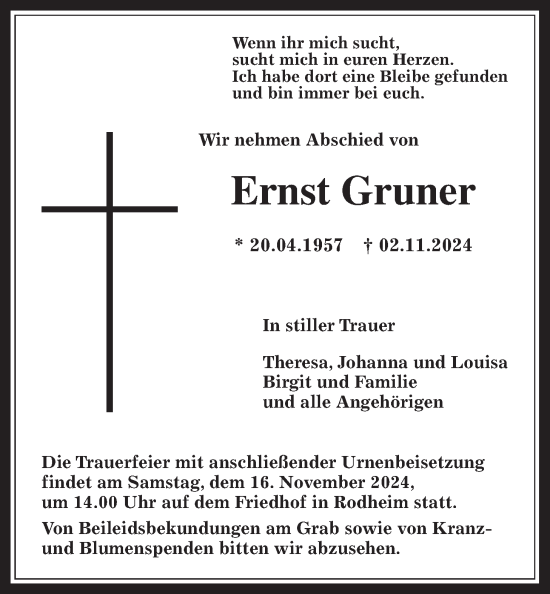 Traueranzeige von Ernst Gruner von Wetterauer Zeitung