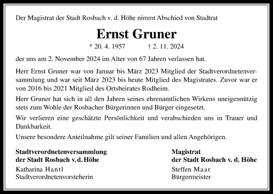 Traueranzeige von Ernst Gruner von Wetterauer Zeitung