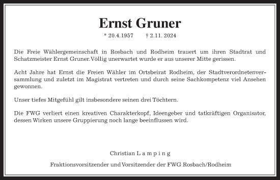 Traueranzeige von Ernst Gruner von Wetterauer Zeitung