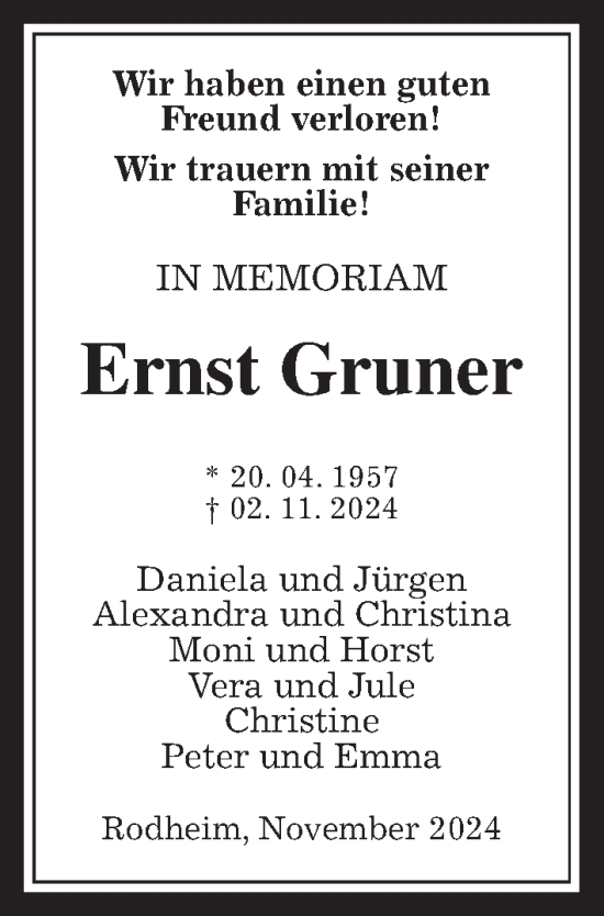 Traueranzeige von Ernst Gruner von Wetterauer Zeitung