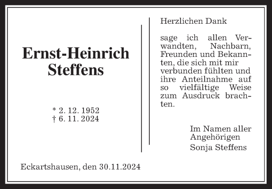 Traueranzeige von Ernst-Heinrich Steffens von Kreis-Anzeiger