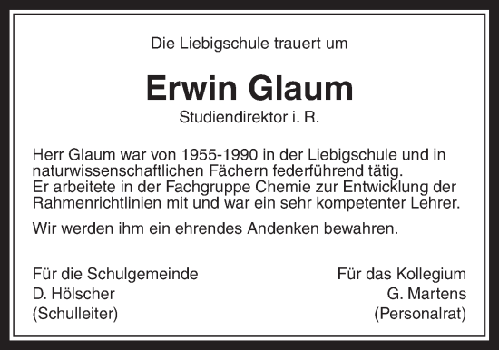 Traueranzeige von Erwin Glaum von Giessener Allgemeine, Alsfelder Allgemeine