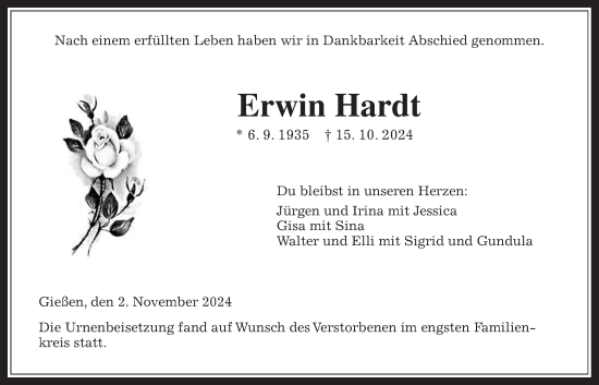 Traueranzeige von Erwin Hardt von Giessener Anzeiger