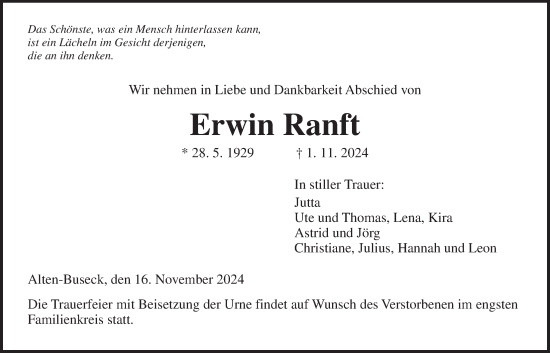 Traueranzeige von Erwin Ranft von Giessener Anzeiger, Giessener Allgemeine, Alsfelder Allgemeine