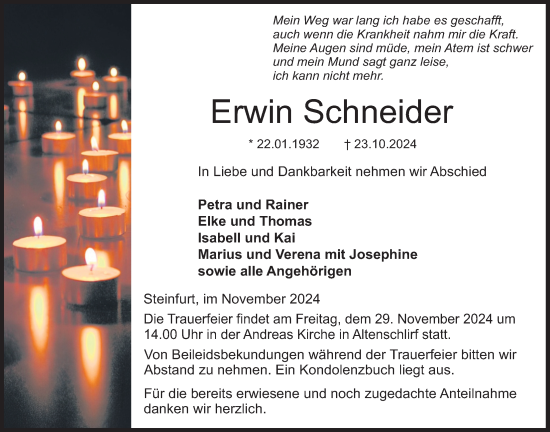 Traueranzeige von Erwin Schneider von Lauterbacher Anzeiger