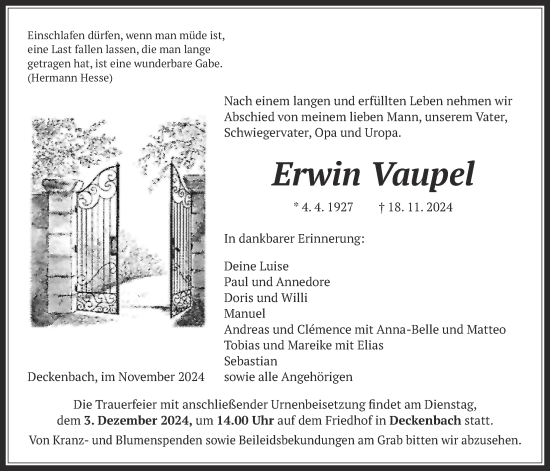 Traueranzeige von Erwin Vaupel von Oberhessische Zeitung, Alsfelder Allgemeine