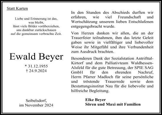 Traueranzeige von Ewald Beyer von Oberhessische Zeitung