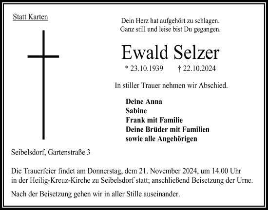 Traueranzeige von Ewald Selzer von Oberhessische Zeitung