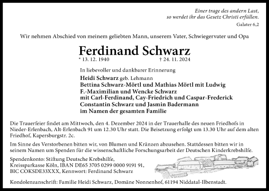 Traueranzeige von Ferdinand Schwarz von Wetterauer Zeitung