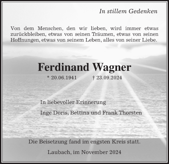 Traueranzeige von Ferdinand Wagner von Laubacher Anzeiger