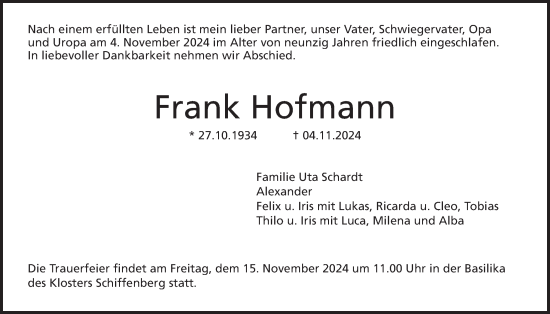 Traueranzeige von Frank Hofmann von Giessener Anzeiger, Giessener Allgemeine, Alsfelder Allgemeine