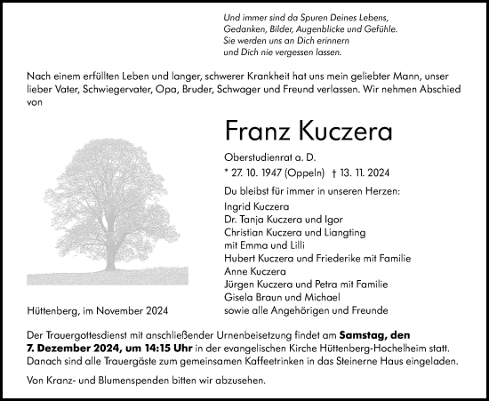 Traueranzeige von Franz Kuczera von Butzbacher Zeitung