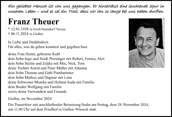 Traueranzeige von Franz Theuer von Giessener Anzeiger, Giessener Allgemeine, Alsfelder Allgemeine