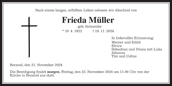 Traueranzeige von Frieda Müller von Giessener Allgemeine, Alsfelder Allgemeine, Giessener Anzeiger