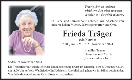 Traueranzeige von Frieda Träger von Wetterauer Zeitung