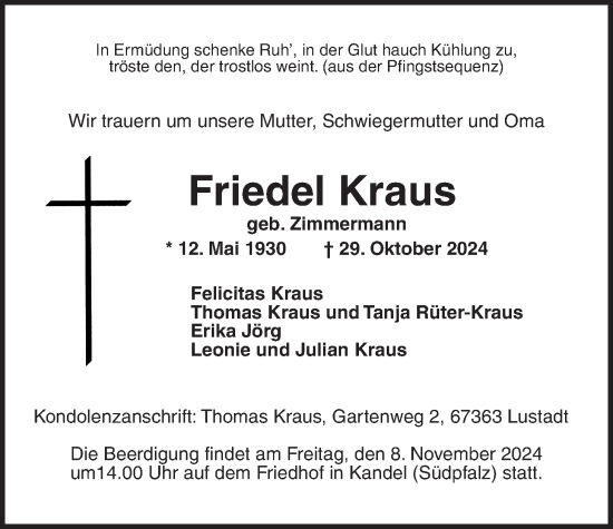 Traueranzeige von Friedel Kraus von Kreis-Anzeiger