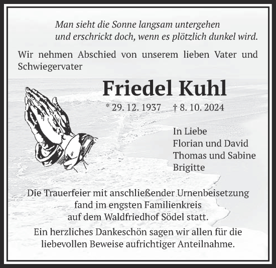 Traueranzeige von Friedel Kuhl von Wetterauer Zeitung